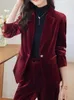 Women's Two Piece Pants Women Elegant Fashion Velvet Blazer Pieces Set Autumn Casual Vintage Jackets Coat Wide-Leg Pantsuit Female Chic