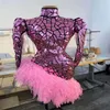 Сексуальное блестящее розовое платье с зеркалами и блестками, вечерняя одежда для певицы, дня рождения, празднования танцев, повседневные платья182I