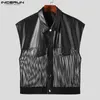 Gilet da uomo INCERUN Top 2023 Stile coreano Uomo PU Tessuto in pelle Splicing Trasparente Per il tempo libero Chiffon a righe Stile corto S-5XL