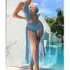 Women's Swimwear Two Piece Knit Crochet Swimsuits For Women 2023 Beachwear Push Up Halter Tie Tassel Bra With Bottom Cover Bikini Sets