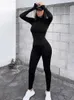 Women s Two Piece Pants Kliou solid black gray long sleeve skiing jumpsuit women elastic hight outfit fashion fitness sportwear slim rompers streetwear 231017