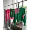 Kadın Sweaters Hikigawa Sıradan Kontrast Renk Çiçek Jakar Kadınlar O Boyun Uzun Kollu Küleyler Tatlı İçi Bahsetme Üstler Mujer