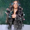 Braziliaans haar Body Wave Hoogtepunt zwart met blauw kant Frontale pruik HD Transparante lijmloze volledige kanten pruiken voor vrouwen