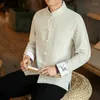 Chemises décontractées pour hommes Automne et hiver Style chinois Coton Lin Broderie Chemise à manches longues Grand col debout Bouton Hanfu