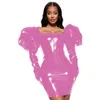 Formele staart party club vestido vrouwen pvc leer grote bladerdeeg lange mouw vierkante hals bodycon schede potlood mini-jurk sexy 7xlAnime kostuums