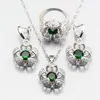 Orecchini Collana Vendita Tridimensionale Argento Colore Verde Creato Set di gioielli con fiori di smeraldo per le donne Anello 6 7 8 9 10 JS3299S