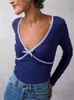 Kadın Sweaters Kadınlar Uzun Kollu Pamuk İnce Sweater Bowknot Derin V Birleştirilmiş dişi mavi dip örgü üstleri Sonbahar 2023