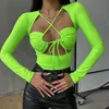 Kvinnors jumpsuits Rompers 2023 Strappy Sexy Cut Out Out Front Top Bodysuits For Women Long Sleeve Tops High Rise Bodysuit Solid 231017