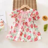 Robes de fille Sweet Ink Flower Baby Girl Robe Puff Manches Ruban Vêtements pour enfants Été Cool Respirant Costume pour tout-petits 0 à 3 ans 231016