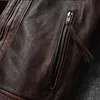 Veste en cuir synthétique de vache pour hommes, couche supérieure en cuir de vache surdimensionnée, rouge-marron, style moto rétro américain, couleur vieilli, manteau High Sense 231016