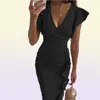 Sukienki swobodne fufucaillm biuro dama bodycon sukienka Summer Women Vneck Ruched Pencil Ruffles krótkie rękawie impreza ślub forma3723177