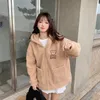 Kadın Hoodies Ear Bear Hoodie Kadınlar Büyük Boy Cep Kızlar İçin Pembe Zip Kawaii Ceket Kpop Nakış Sweatshirt Kuzu Yün Palto