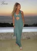 Vestidos casuais joskaa elegante verde oco out maxi vestido mulheres sexy v-pescoço sem mangas fitas ruched body-shaping robe 2023 festa clubwear