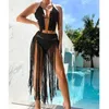 Maillots de bain pour femmes Deux pièces Tricot Crochet Maillots de bain pour femmes 2023 Beachwear Push Up Halter Tie Tassel Soutien-gorge avec couverture inférieure Ensembles de bikini