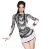 Women's T Shirts 3D Beaded Chain Printed T Shirt Korean Fashion 2000s Y2k Drawstring Long Sleeve Tops Graphic Tees White Black P85-CZ17
