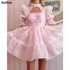 Sukienki imprezowe Fuchsia Pink Organza Mini Prom krótkie rękawy Wysokie Neack Lace Homlacing Sukienka 2023 Formalne suknie kobiety noszą stroje