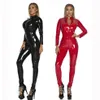 JEDNO SUKUTY KOMENIA ROMPERS Seksowne pu lateks Catsuit Kobiety Czerwony Czerwony Wetlook Faux Skórzany Body Bodysuit Kostum