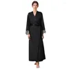 Mulheres sleepwear outono sexy laço guarnição manga longa mulheres cor sólida cetim cardigan quimono robe senhora rayon roupão yukata camisola