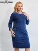 Kleider in Übergröße LIH HUA Damen-Jeanskleid in Übergröße, Herbst-Chic, elegante Kleider für mollige Frauen, Rundhals-Baumwoll-Strickkleid 231017