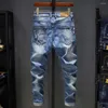 Mäns jeans rippade män smala fit ljusblå stretch mode streetwear frayed hip hop nöded casual denim byxor manliga byxor