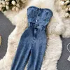 Women's Jumpsuits Rompers Amolapha Women Sexy Button Strapless Slim Denim Jeans Jumpsuits OutfitL231017