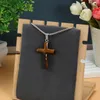 Pendant Necklaces Women Necklace Natural Stone Rose Quartz/Tiger Eye Cross-Shaped For Birthday Gift Chains 60 CM