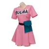 Costume de Cosplay Bulma, robe rose, couvre-chef, écharpe violette, sac de ceinture, ensemble complet pour Costume de Cosplay d'halloween pour femmes