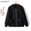 Kvinnans jackor för kvinnor 2023 Autumn Winter European Waffle Zipper Cardigan Stand Collar Full Sleeve Black Slim Tops Woman Clothing