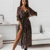 Casual Dresses Women Floral Print Long Dress Retro Sexy Boho Deep V-neck Half Sleeve Ladies Side Splits Big Hem Maxi Femme Robe342a