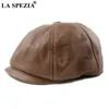 LA SPEZIA Khaki Men's Newsboy Gap Genuine Cowskin Leather Octagonal Cap Male Beret Autumn Winter Men Vintage Duckbill Hats 20260a