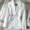 Bayan Ceketler Tweed Beyaz Ekose Uzun Lonseved Üst Ceket Sonbahar ve Kış Kore tarzı şık zarif gevşek rahat takım 231017