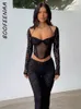 Calças femininas de duas peças Boofeenaa sexy preto 2 conjuntos ver através de renda malha cardigan espartilho top calça 2023 roupas de outono para mulheres C66-FI27