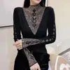 Kvinnors blusar sexiga ihåliga ut Gaze Spliced ​​Bluskläder Stylish Diamonds Spring Autumn Long Sleeve Casual Half High Collar Shirt