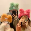 Cartoon Plush Rabbit Ears Headband Coral Fleece Small Eyes Hairband Soft Warm Elastic Hair Band Wash Face Makeup Turban Headwrap