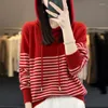 Women's Sweaters 2023 Fall Winter Pure Sweater Long Sleeve Pullover Hooded Striped Wool Loose Casual Age-reducing Knit Top