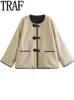 Женские трикотажные футболки TRAF, пальто из искусственного меха, женская кожаная пушистая куртка на пуговицах для теплых зимних курток, женская осенняя уличная одежда 231016