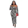 Robes décontractées Zebra rayé imprimé sexy moulante maxi robe de soirée femmes élégantes épaules manches longues dos nu froncé mince longue robe