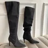 Laarzen Geplooide Hoge Hakken Denim Laarzen voor Vrouwen Herfst Jeans Kniehoge Cowboylaarzen Vrouw Blauw Dunne Hakken Lange Botas Feminina 231016