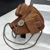 Stylish Women Backpack 17cm Leather Fur Diamond Check Silver Hardware Metal Buckle Luxury Handbag Coin Chain Drawstring Multi-Pocket Shoulder Bag Cute Princess Bag