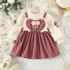 Vestidos de niña Otoño Fiesta de niña Princesa Falda de lolita Manga de burbuja Amor Flor Empalme Falso Dos piezas largas