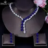 Boucles d'oreilles Collier ANGELCZ Parfait Goutte D'eau CZ Cristal Bleu Royal Pierre De Mariée Longue Gland Et Boucle D'oreille Femmes Bijoux De Soirée Se3231