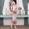 Ethnische Kleidung Blumendruck Qipao Vintage Slim Chinesisch Traditionelle Elegante Frauen Cheongsams Kurzarm Schlitz Cheongsam Langes Kleid Vestidos