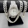 Kettingen 3 STKS Hip Hop Sieraden Voor Heren Vrouwen Jongens Iced Out Horloge Ketting Armband Bling Diamond Cubaanse Ketting Choker Goud Set Jewlery301J