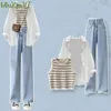 Women s Two Piece Pants Spring Autumn Women Daily Cozy Clothing Set 2023 Korean Lady Fashion Stripe Vest White Loose Shirt Denim Suit Jeans Outfit 231017