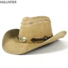 Berets A154 Retro Mężczyźni i kobiety Wysokiej jakości skóra duża brzeg duży Tauren West Riding Beach Hat Cowboy Obwód 58 cm