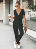 Kvinnors jumpsuits Rompers Miss Petal V-ringen Kort ärm Jumpsuit för Woman Casual Long Jogger Pants PlaySuit 2023 Sommaröverträdelser Bodysuits Rompersl231017