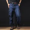 Mäns jeans Idopy Men's Casual Motorcykel Workwear Multi Pockets Denim Biker Cargo Jeans Pants For Man Plus Size 231011