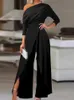 Женские брюки из двух предметов. Элегантные женские комбинезоны 2023. Весенний однотонный офисный женский комбинезон со свободными рюшами и открытыми плечами, с разрезом подол и широкими штанинами 231017