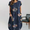 Vestidos casuais senhoras algodão vestido de linho mulheres retro impressão verão elegante feminino solto ajuste o-pescoço curto para um