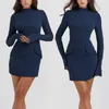 Casual Dresses Decorative Pocket Bodycon Dress Half High Collar Women Long Sleeve Spicy Girl Tunic Short Patchwork Vacation Outfit